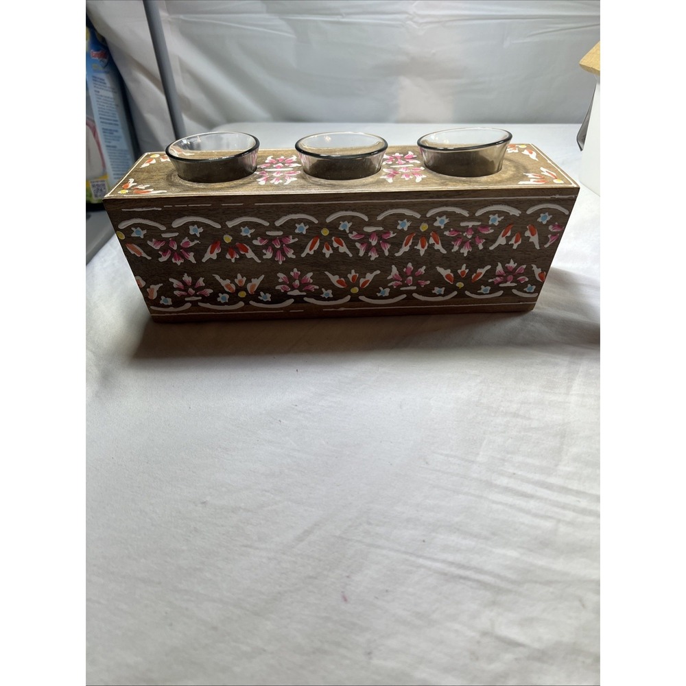 Floral Triple Tea Lite Candleholder Wooden Jaipur in Bloom Hand Painted - Picture 4 of 5